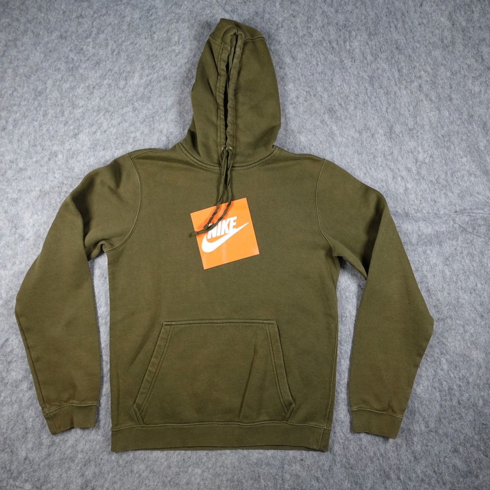 Nike Hoodie Mens Small Olive Green Sportswear Club Fleece Pullover Box Logo